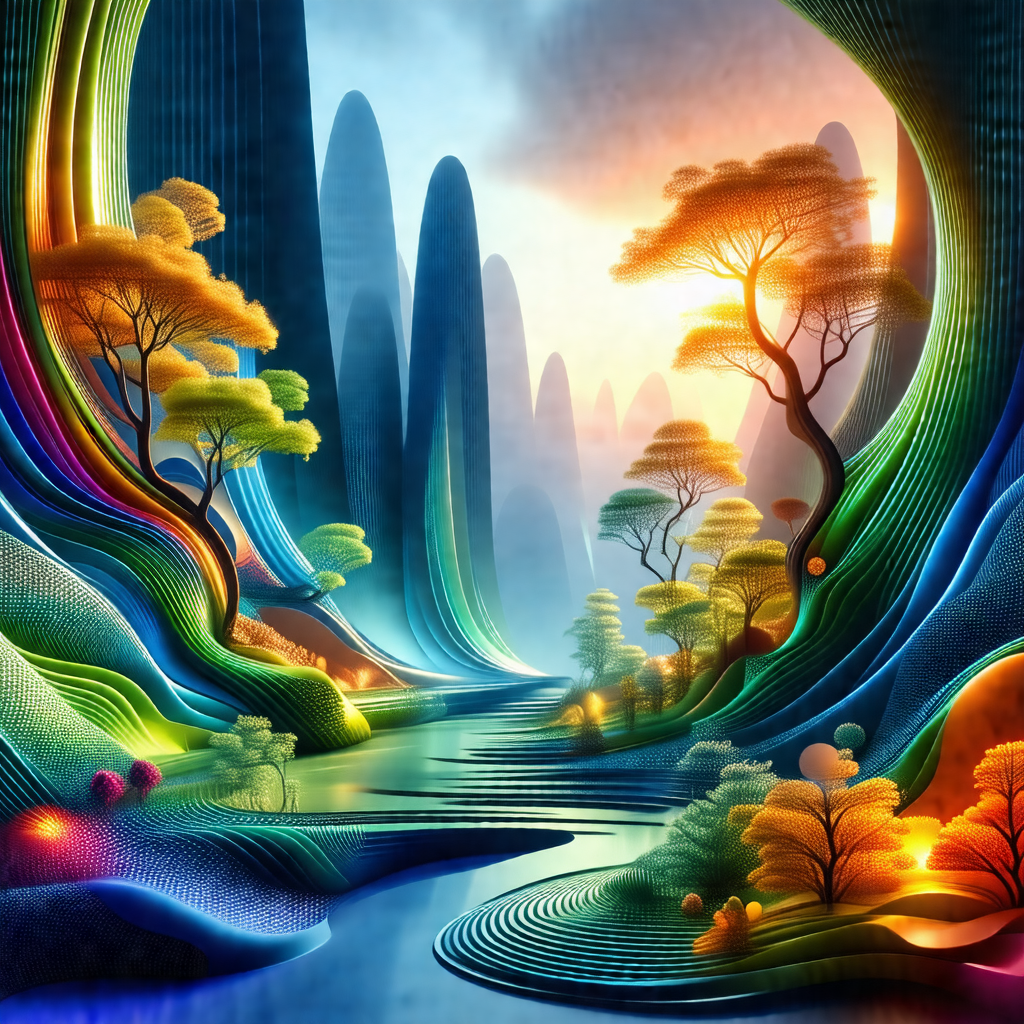 Colorful and vibrant painting of a forest with a river fl...