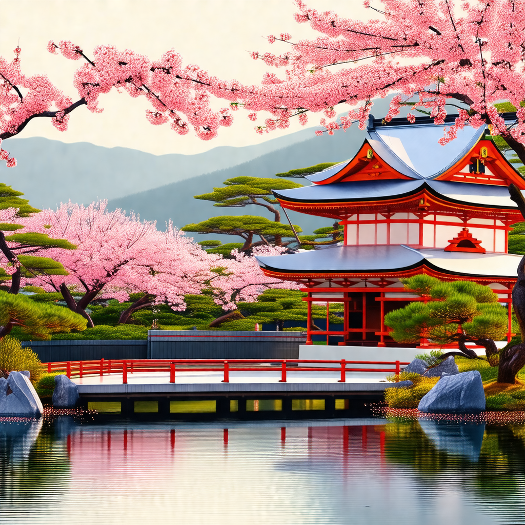 Beautiful japanese garden with a red pagoda, surrounded b...