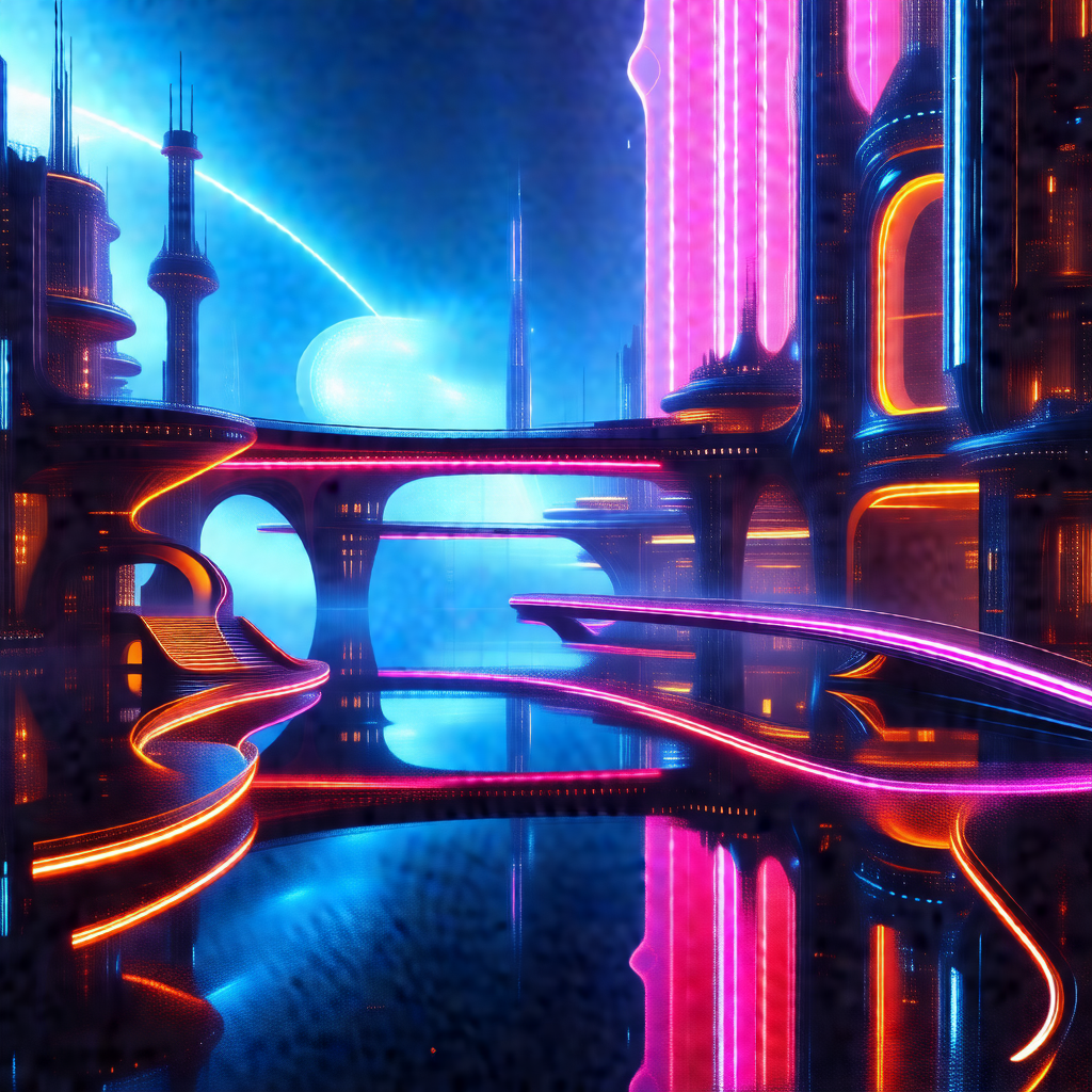 Futuristic cityscape with a large, pink building in the c...