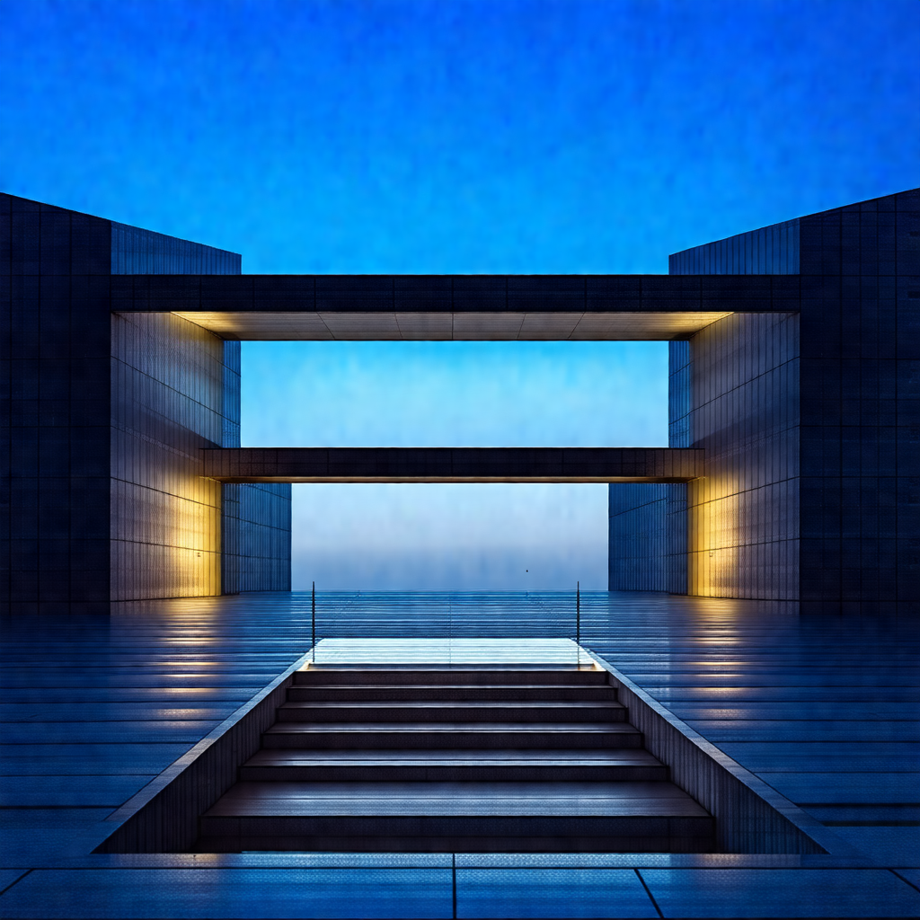Large building with a reflecting pool in front of it