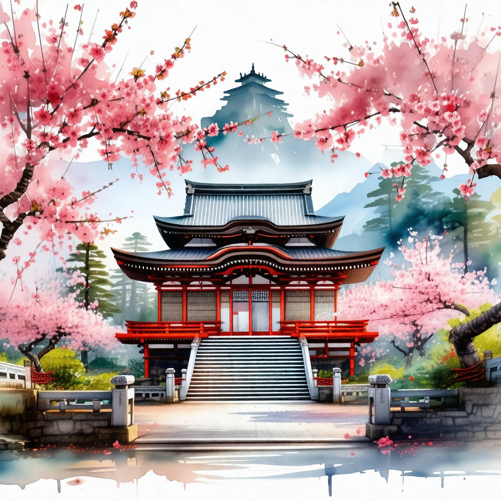 Painting of a large, red and white building with a stairc...