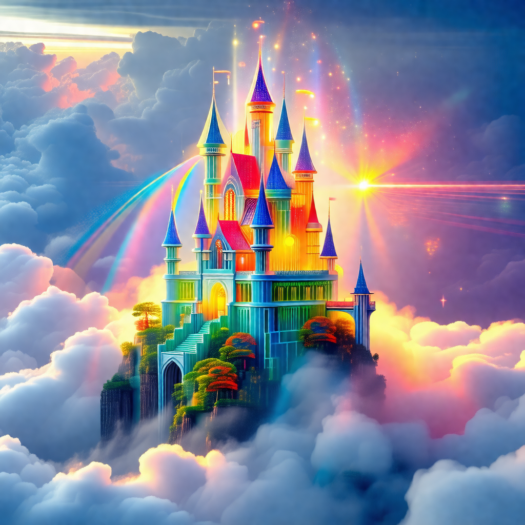 Colorful, rainbow-colored castle floating in the sky