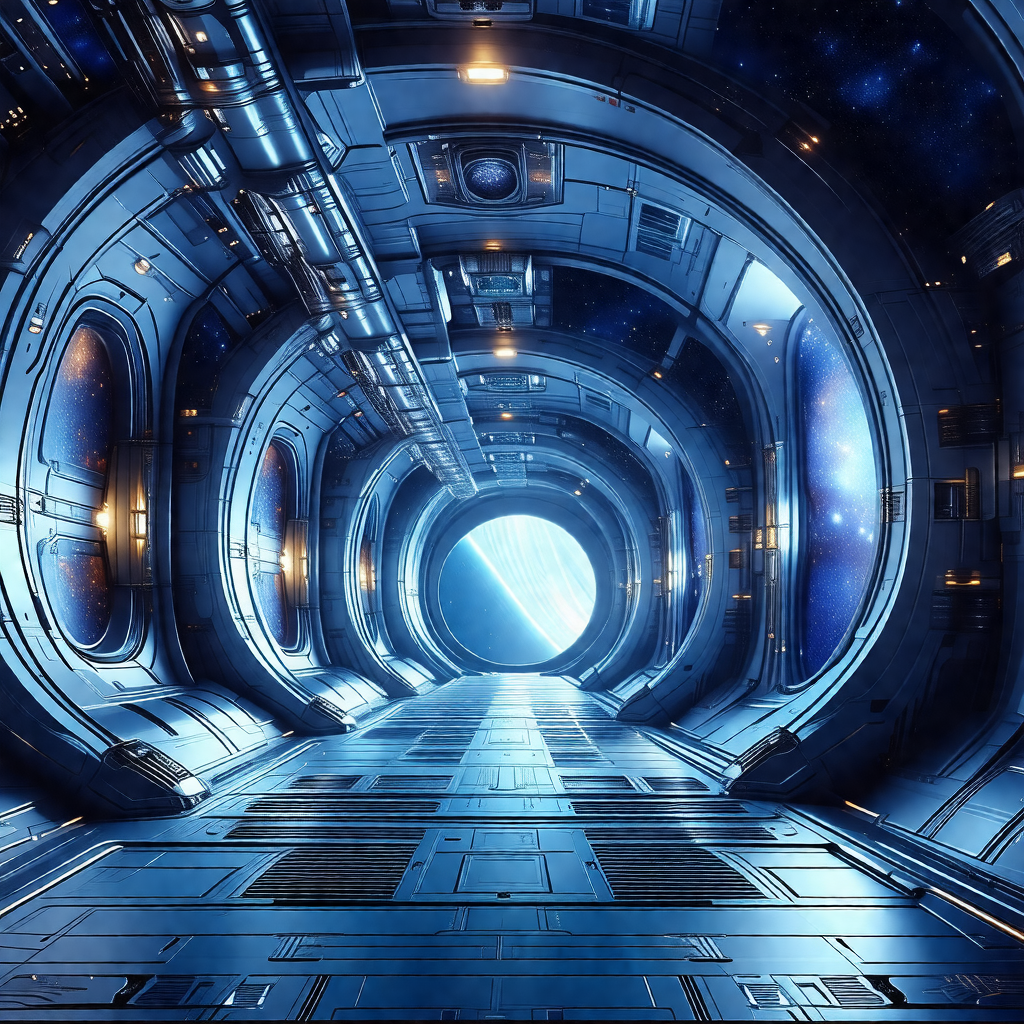 Futuristic space scene with a long, narrow hallway that l...