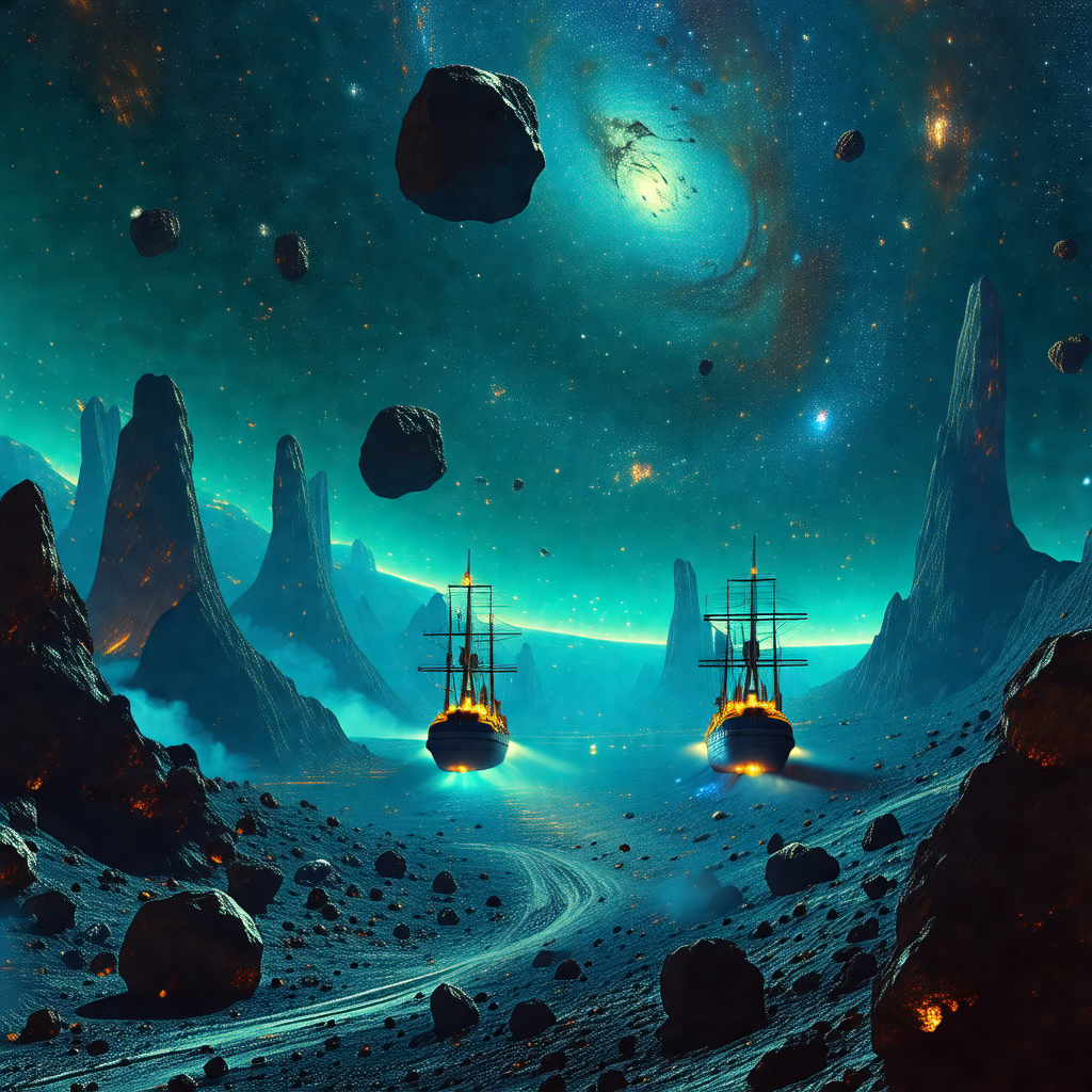 Digital painting of a space scene featuring two spaceship...