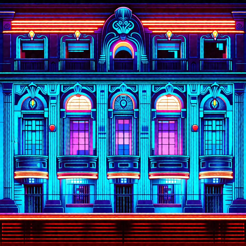 Colorful, neon-lit building with a large clock on its side
