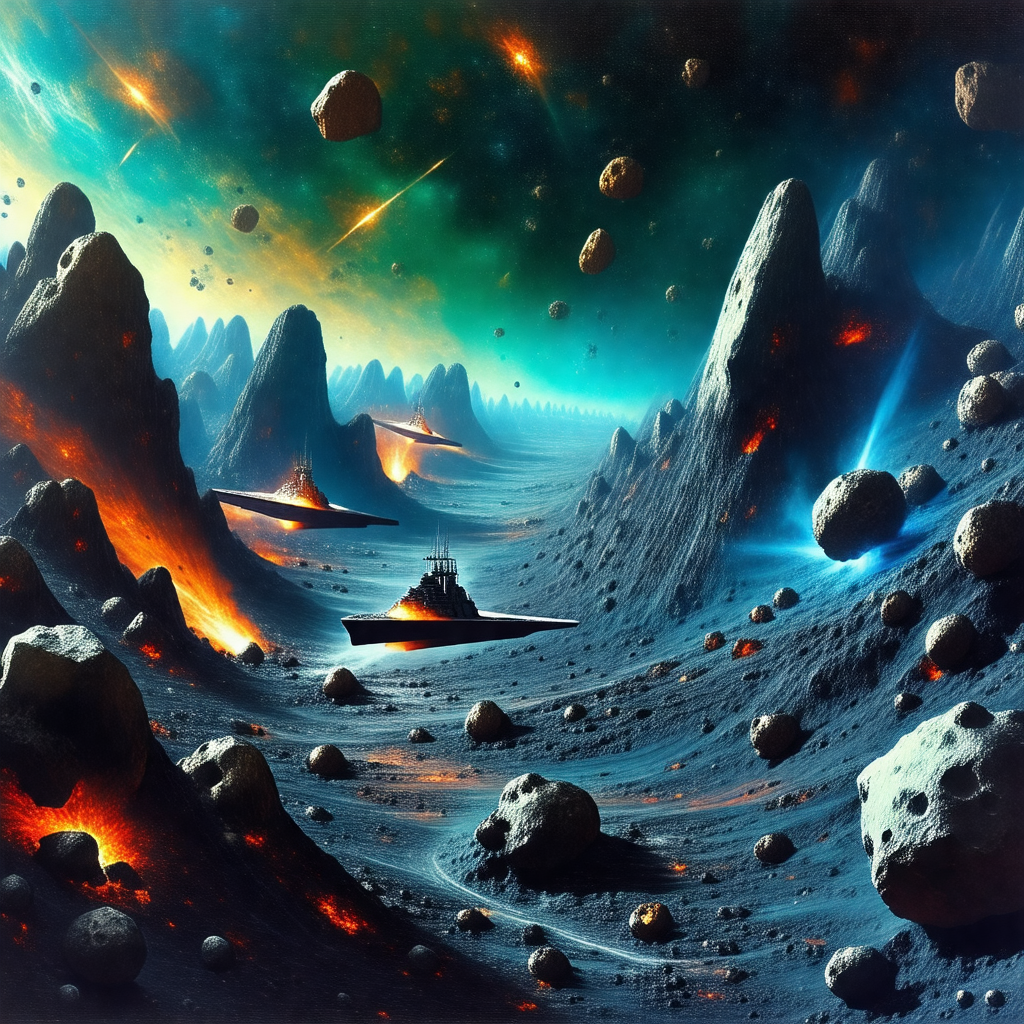 Futuristic scene with a group of small spaceships flying ...