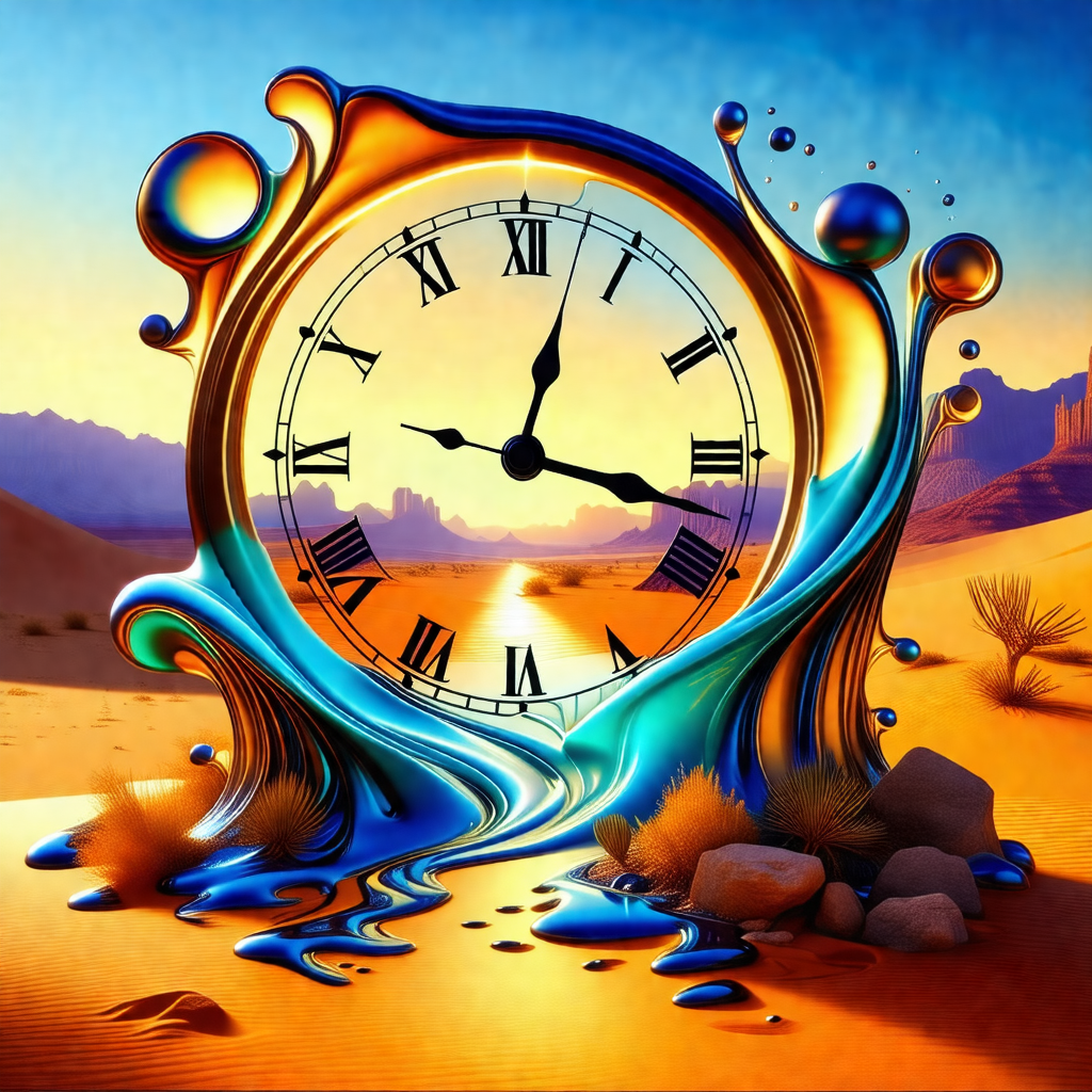 Large clock with roman numerals, placed in a desert-like ...