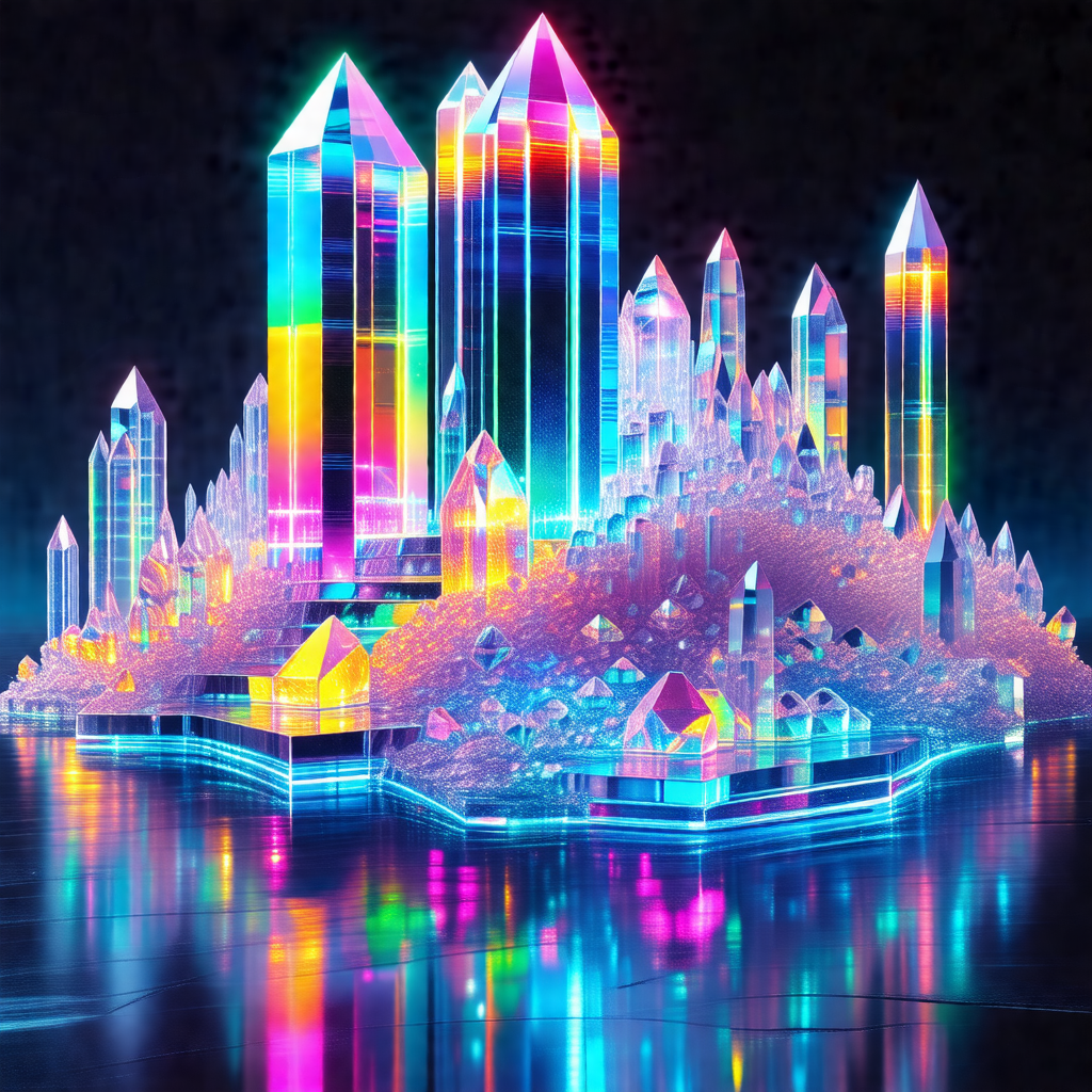 Colorful, futuristic cityscape with a large, illuminated ...