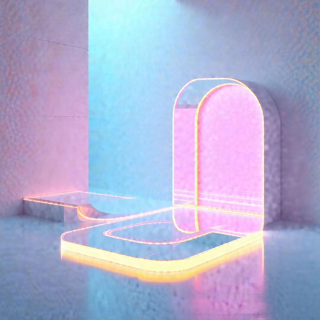 Futuristic room with a pink and blue color scheme