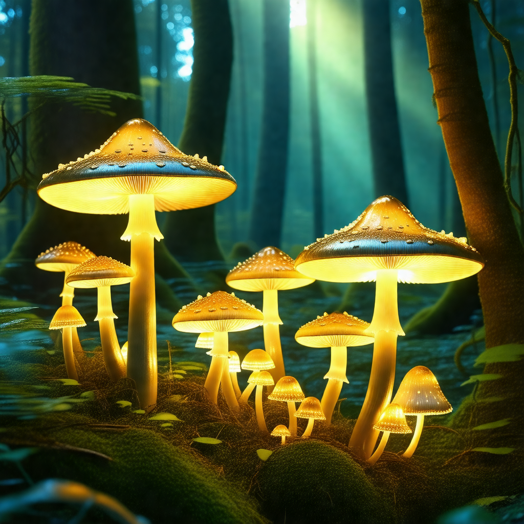 Forest with a group of mushrooms growing on the ground