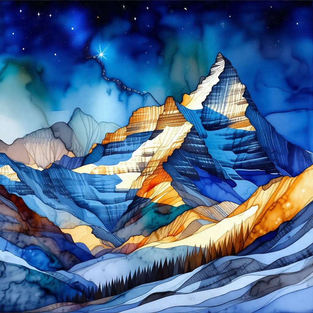 Painting of a mountain range with a blue sky above