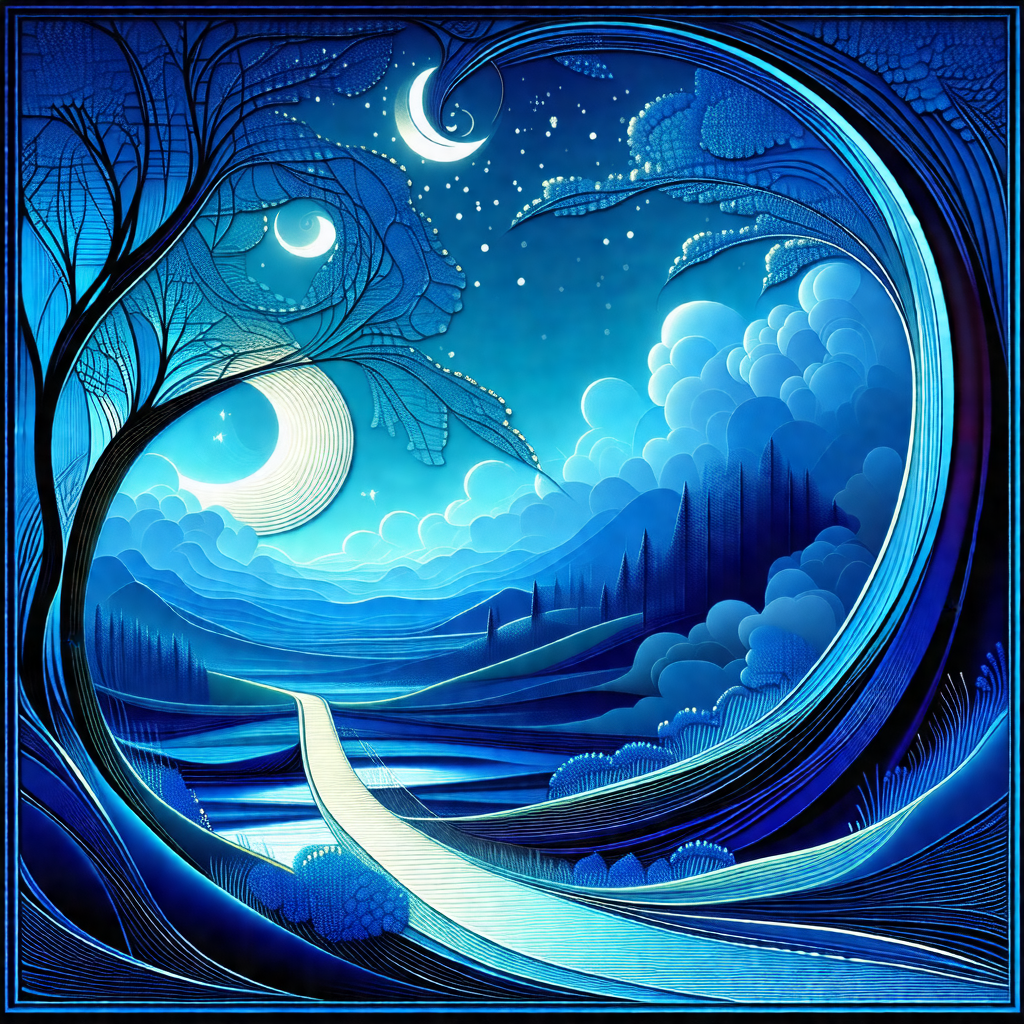 Painting of a forest at night, with a blue sky and a full...