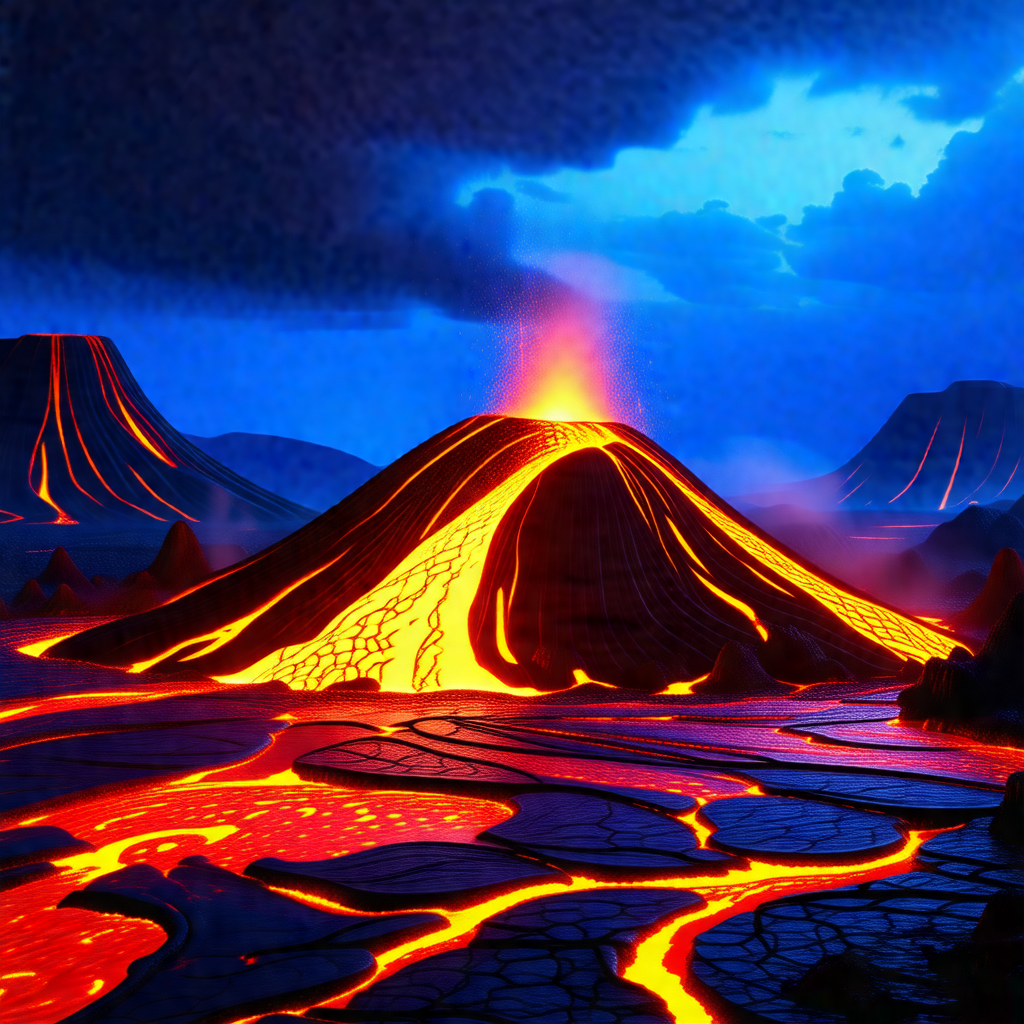 Colorful, computer-generated scene of a volcano with a la...