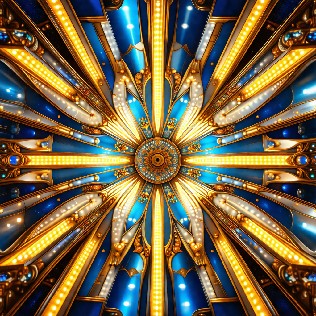Large, blue, and gold light fixture with a circular design