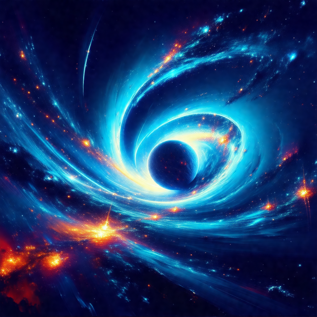 Blue and orange spiral galaxy, with a black hole at the c...
