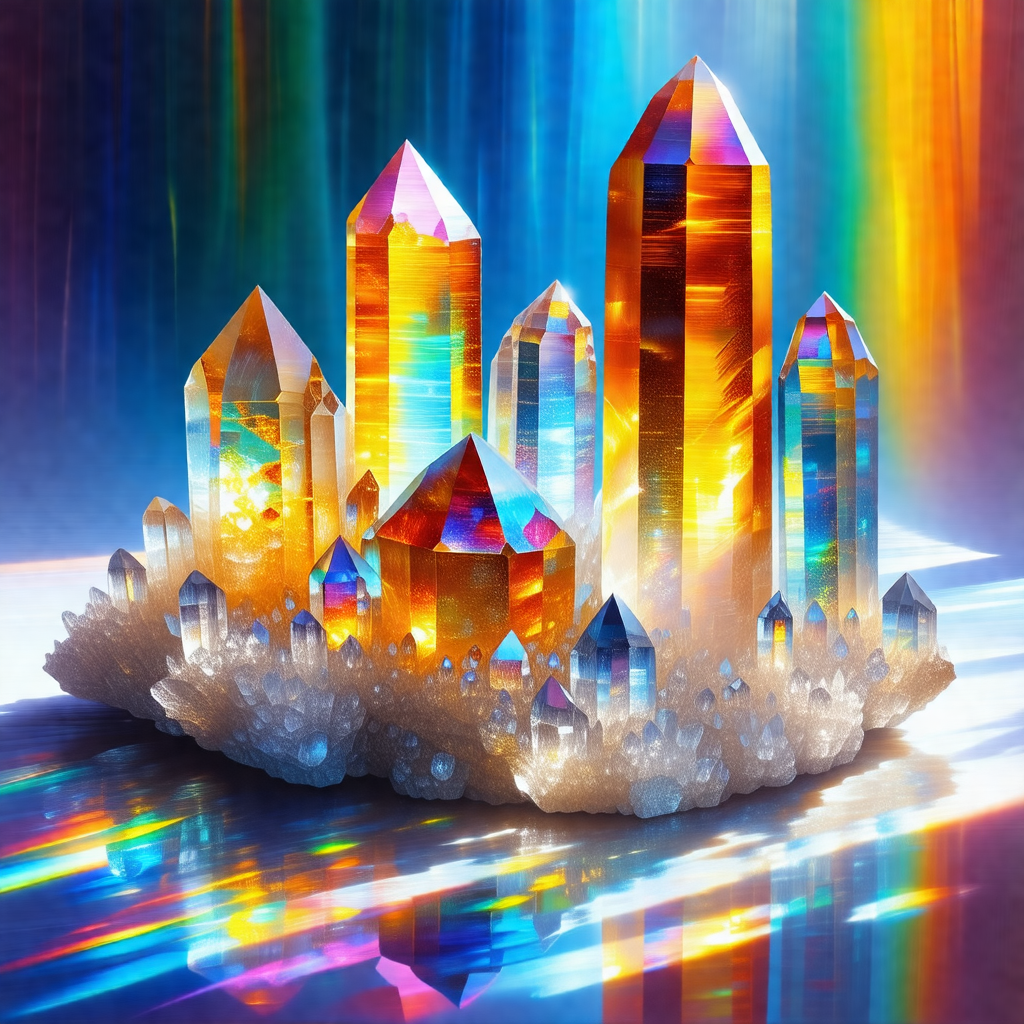 Colorful and vibrant scene of a group of crystal-like str...