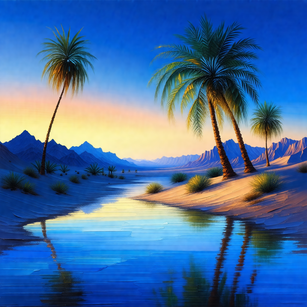 Serene desert scene with a body of water, possibly a lake...