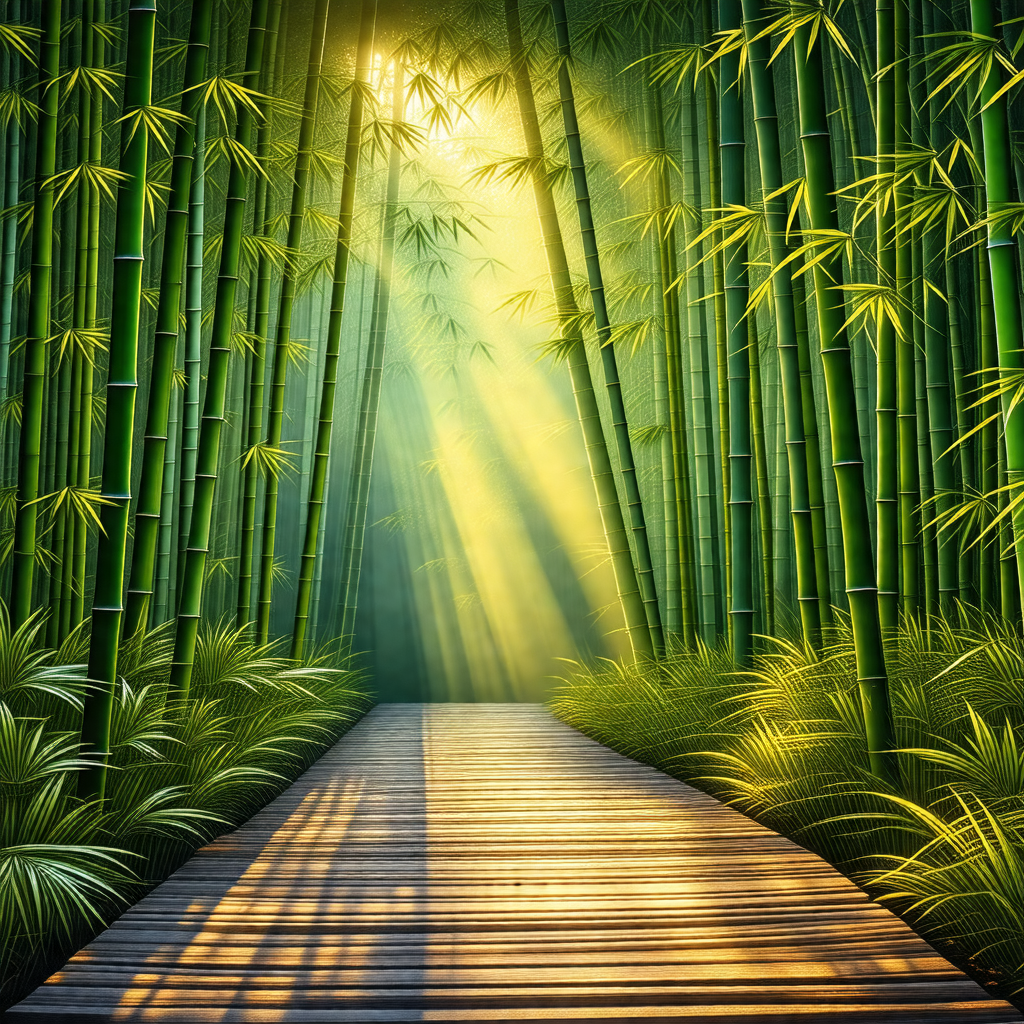 Pathway surrounded by a forest of bamboo trees