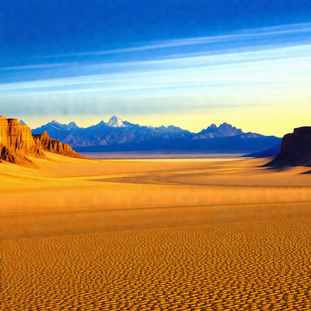 Vast desert landscape with a mountain range in the backgr...