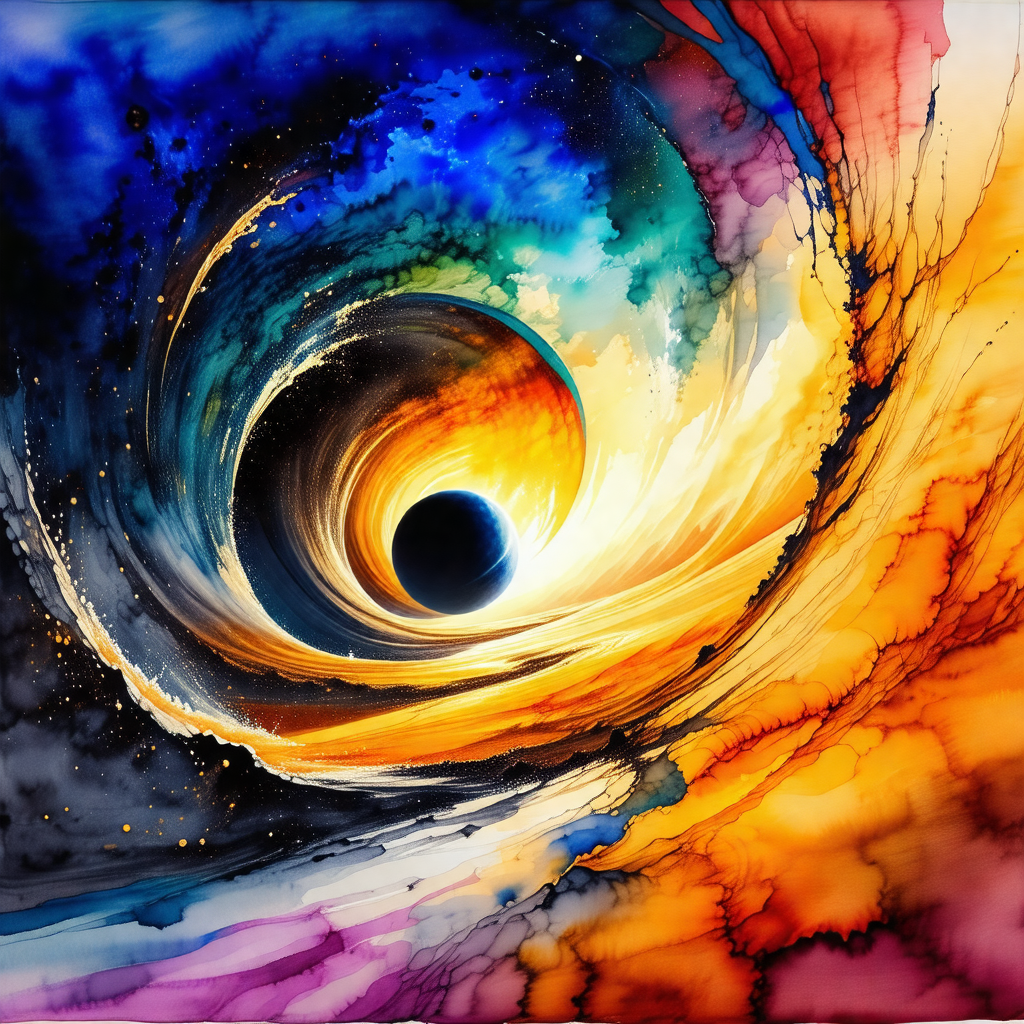 Painting of a black hole, with a vibrant and colorful bac...
