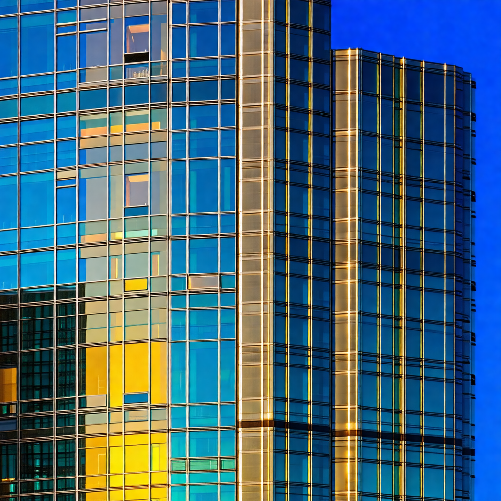Tall, multi-story building with a large glass window