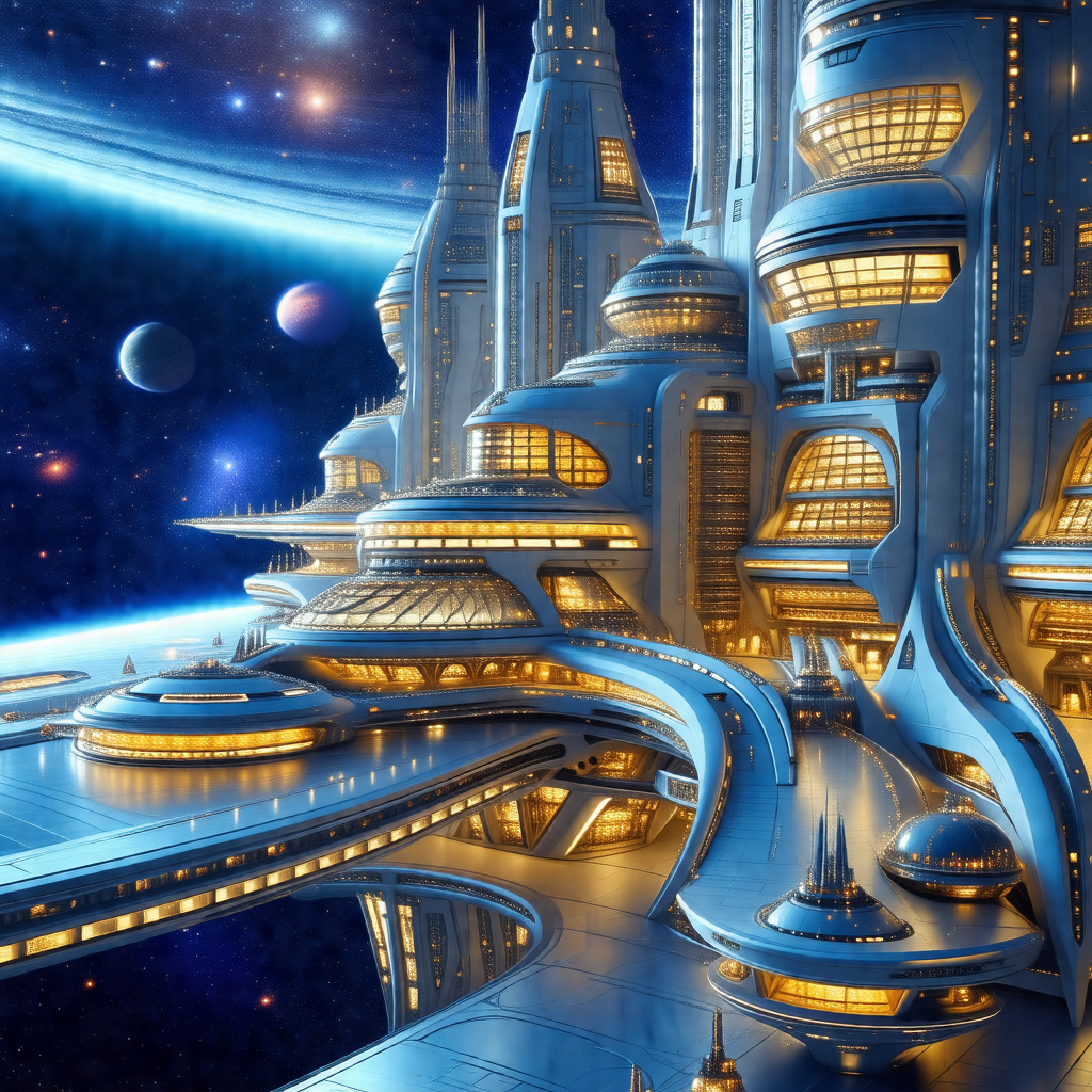 Futuristic cityscape with a large, sprawling building tha...