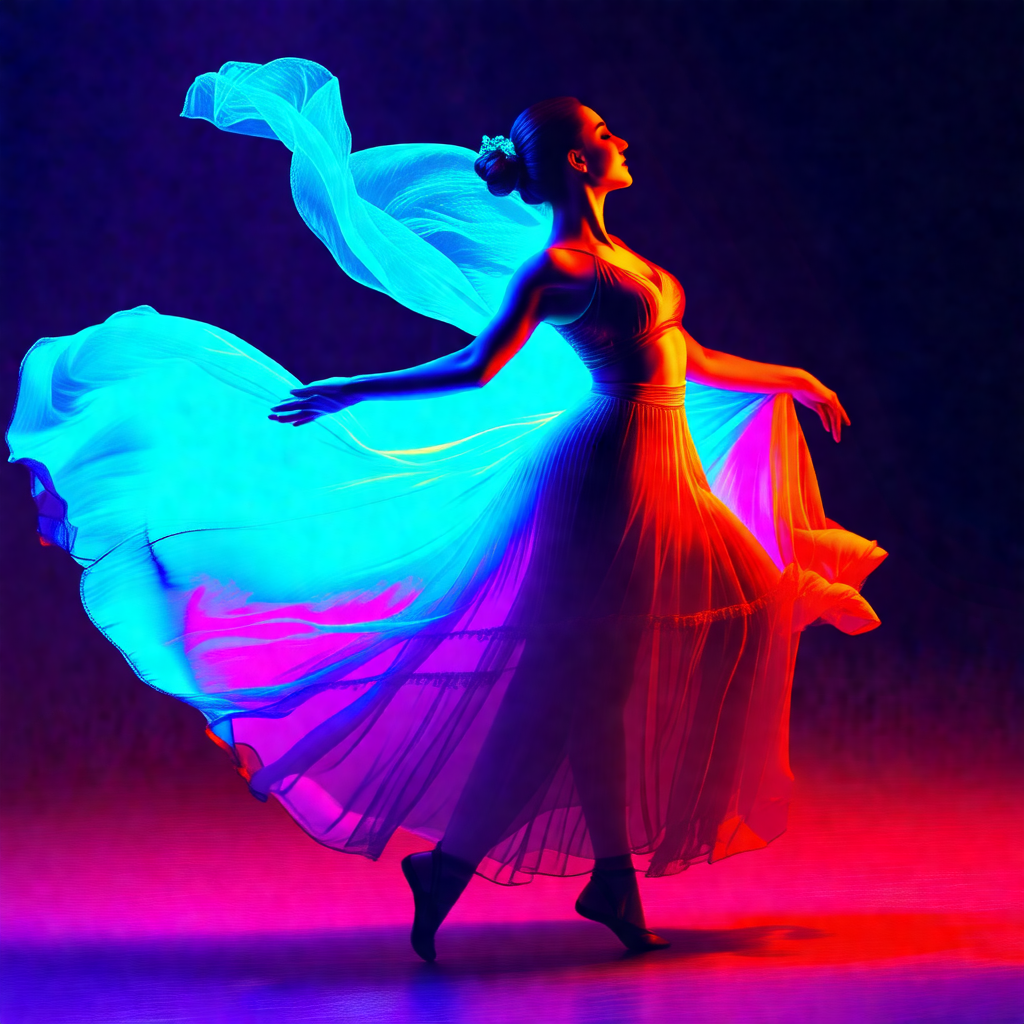 Woman in a flowing dress, standing on a stage and perform...