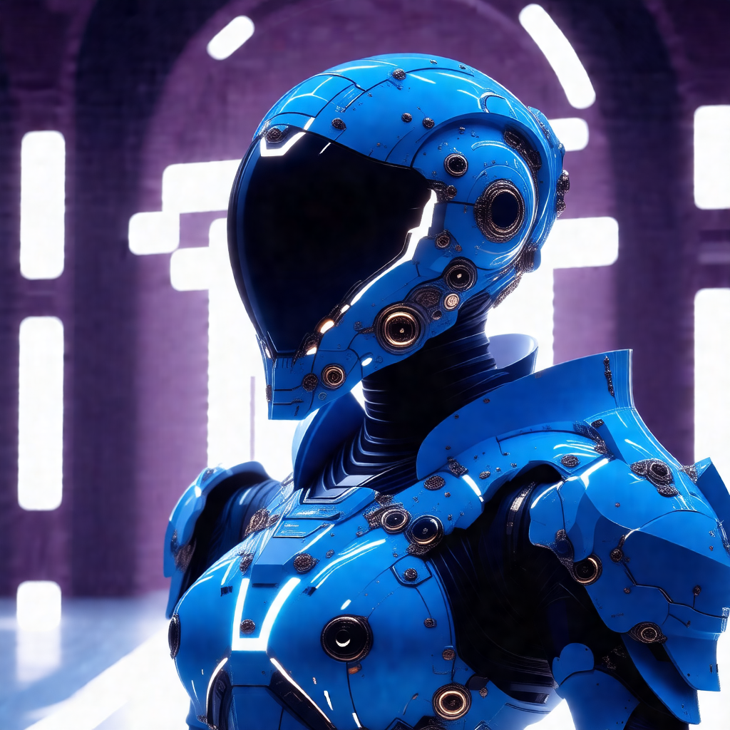 Futuristic robot with a blue helmet, standing in a room w...