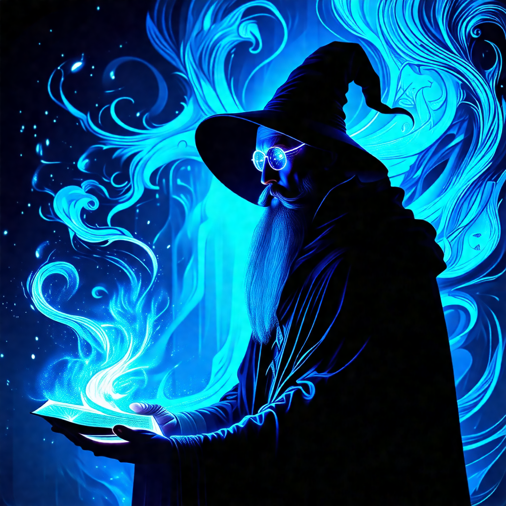 Wizard with a long beard, wearing a black robe and a poin...