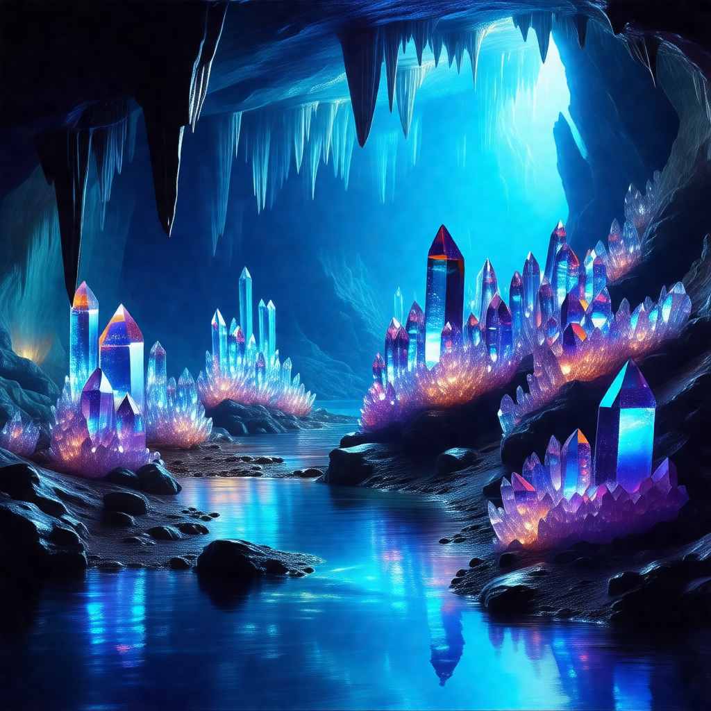 Beautiful underwater cave with a blue water surface