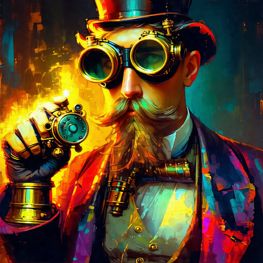 Man wearing a top hat and glasses, with a beard and mustache