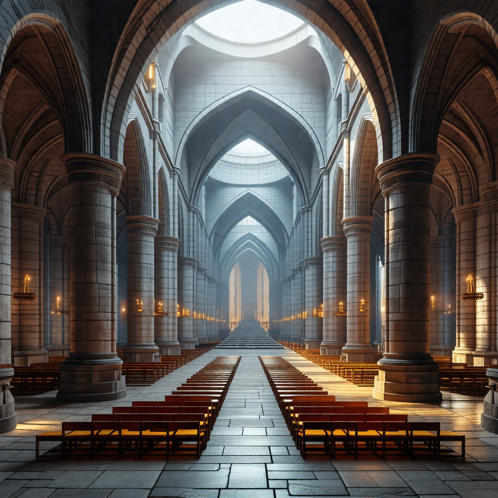Large, empty cathedral with a long, narrow aisle