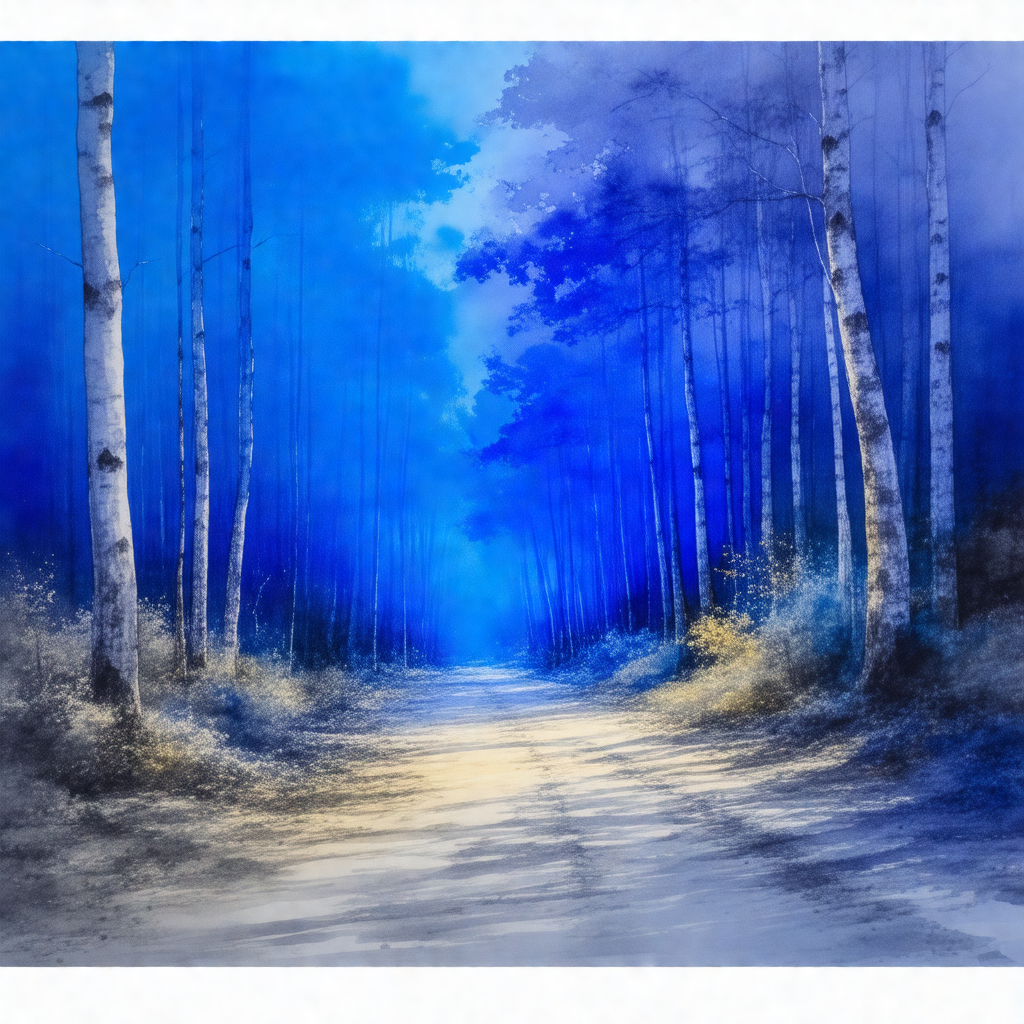 Painting of a forest path, with a blue sky above