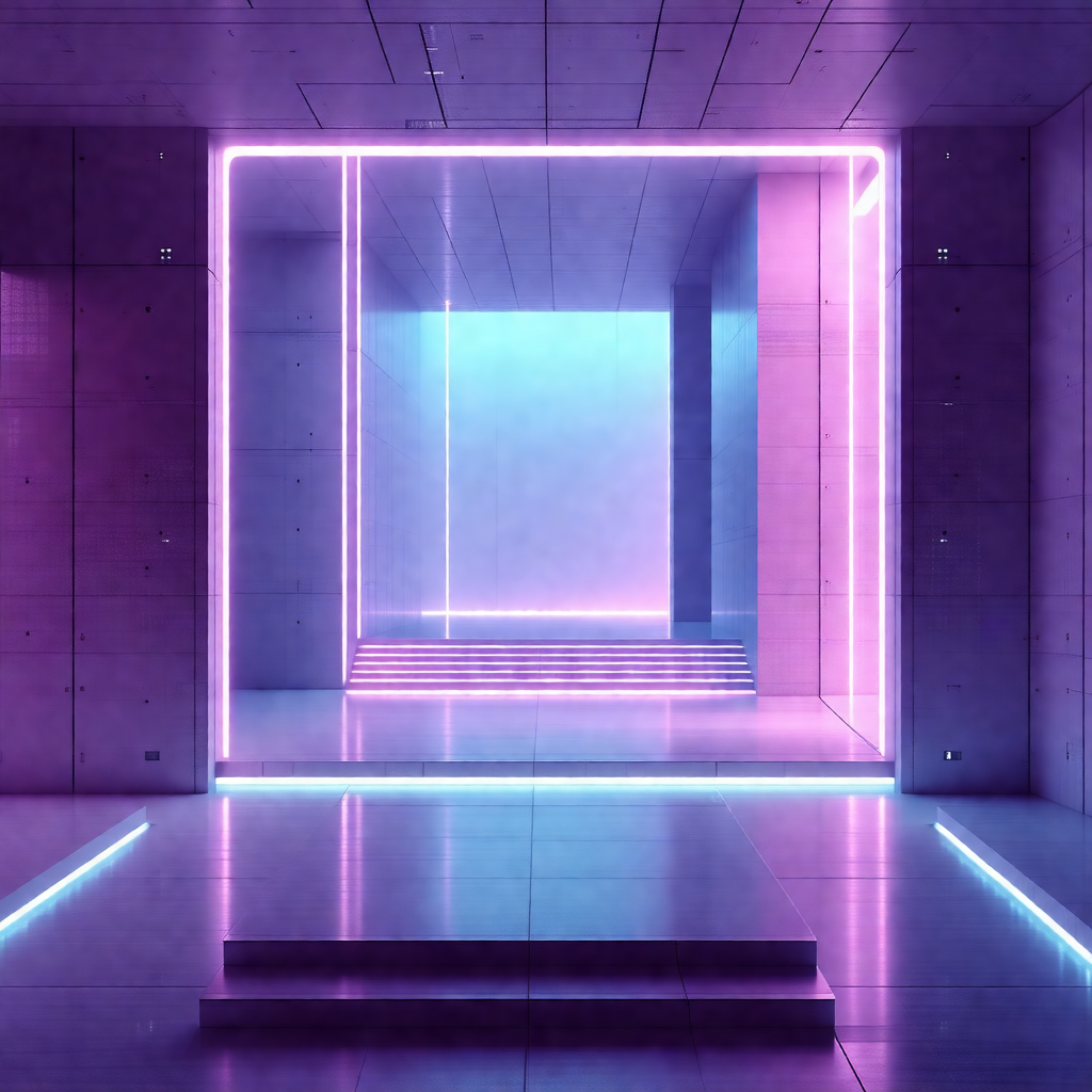Futuristic, purple-lit hallway with a row of lights on th...