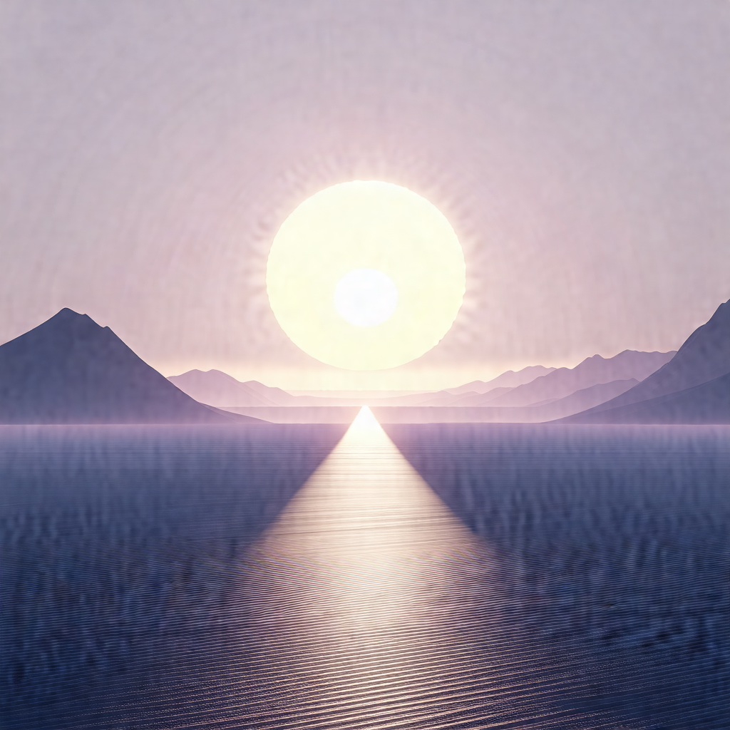 Beautiful sunset over a large body of water, with a mount...