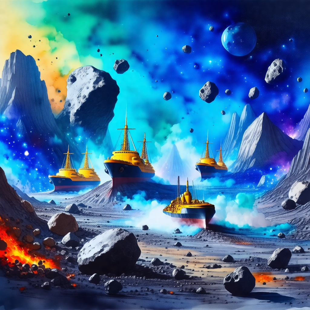 Colorful painting of a group of boats sailing through space