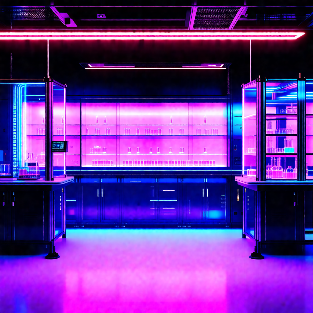 Large, well-lit laboratory with a purple glow