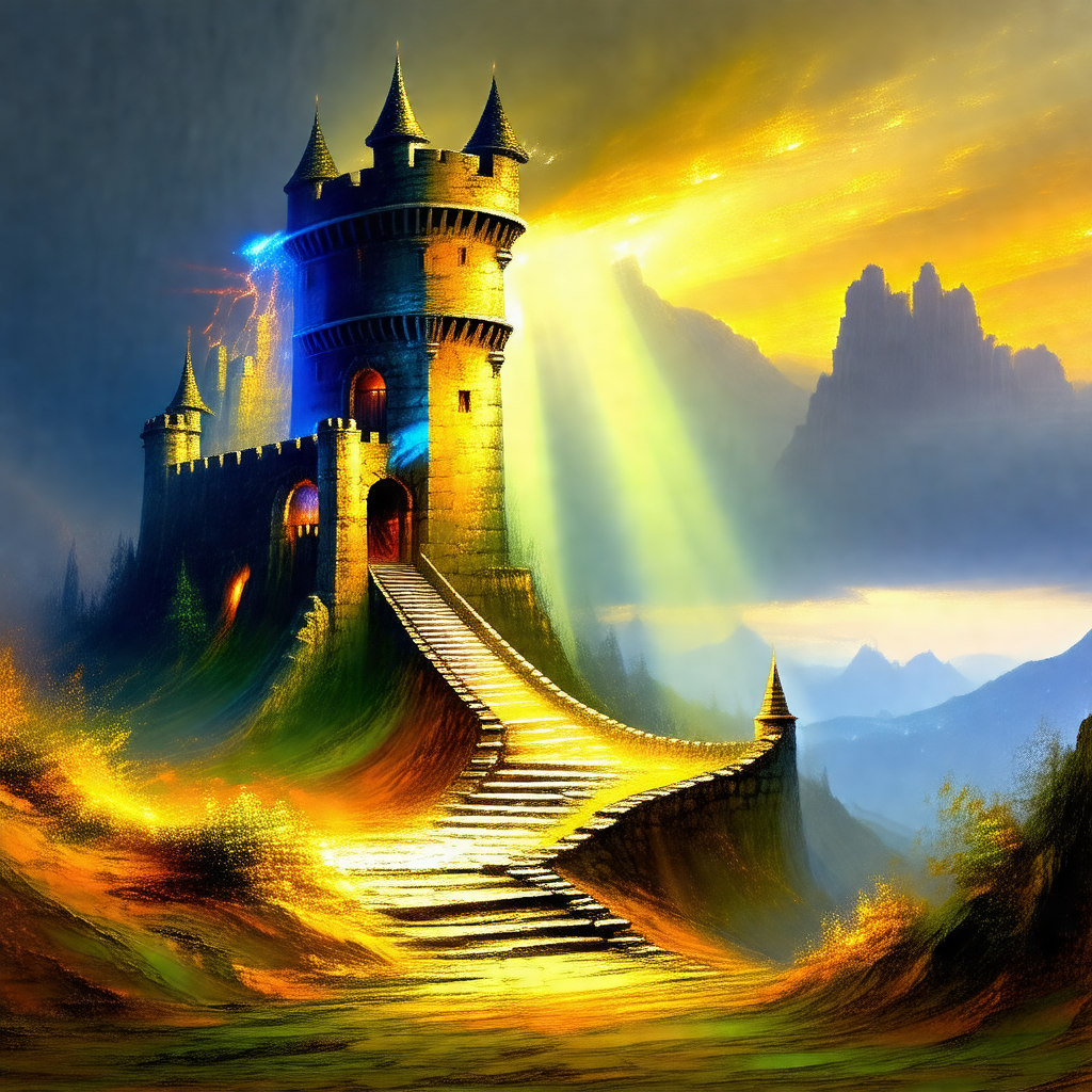 Large, colorful castle with a tall, pointed roof