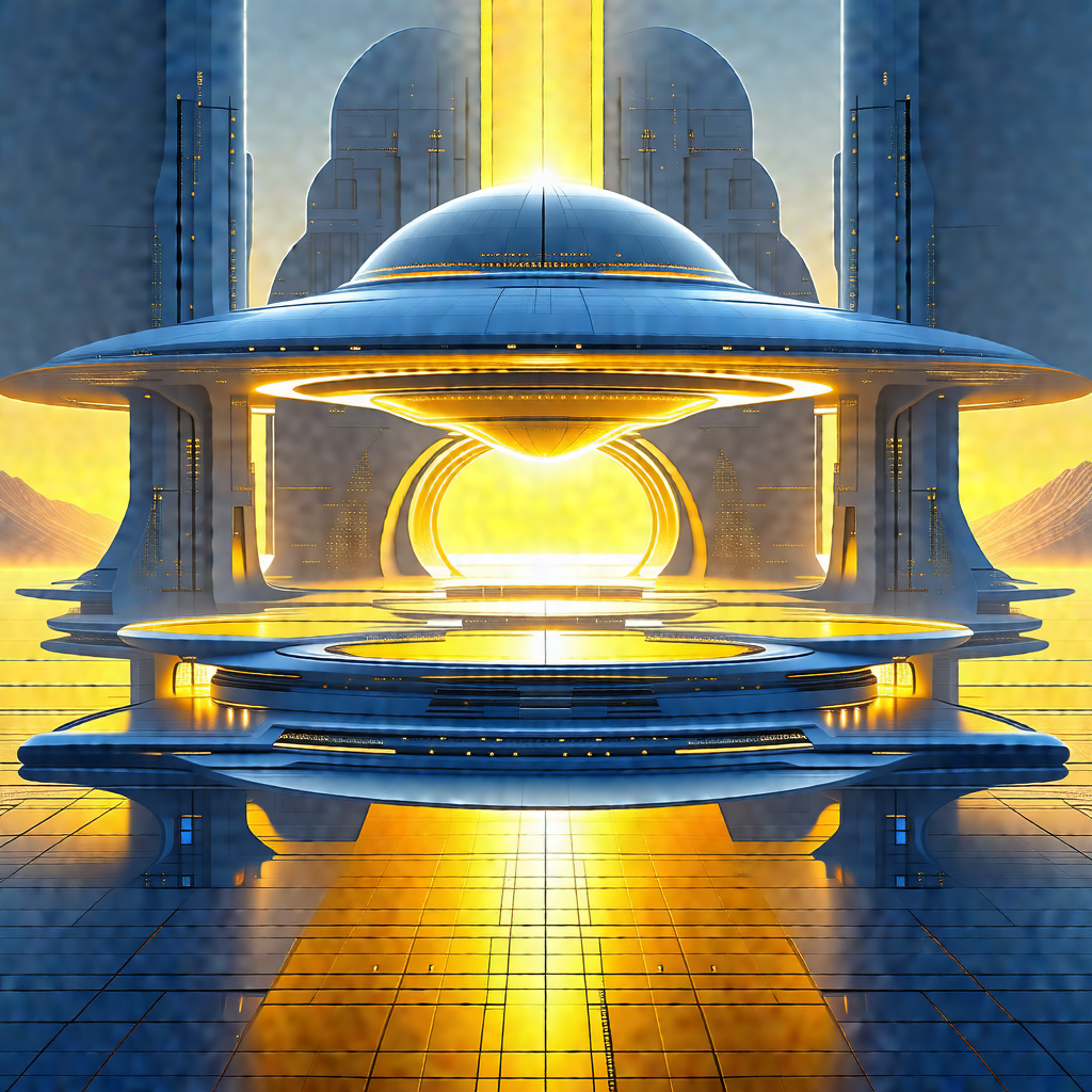 Futuristic scene featuring a large, circular building wit...