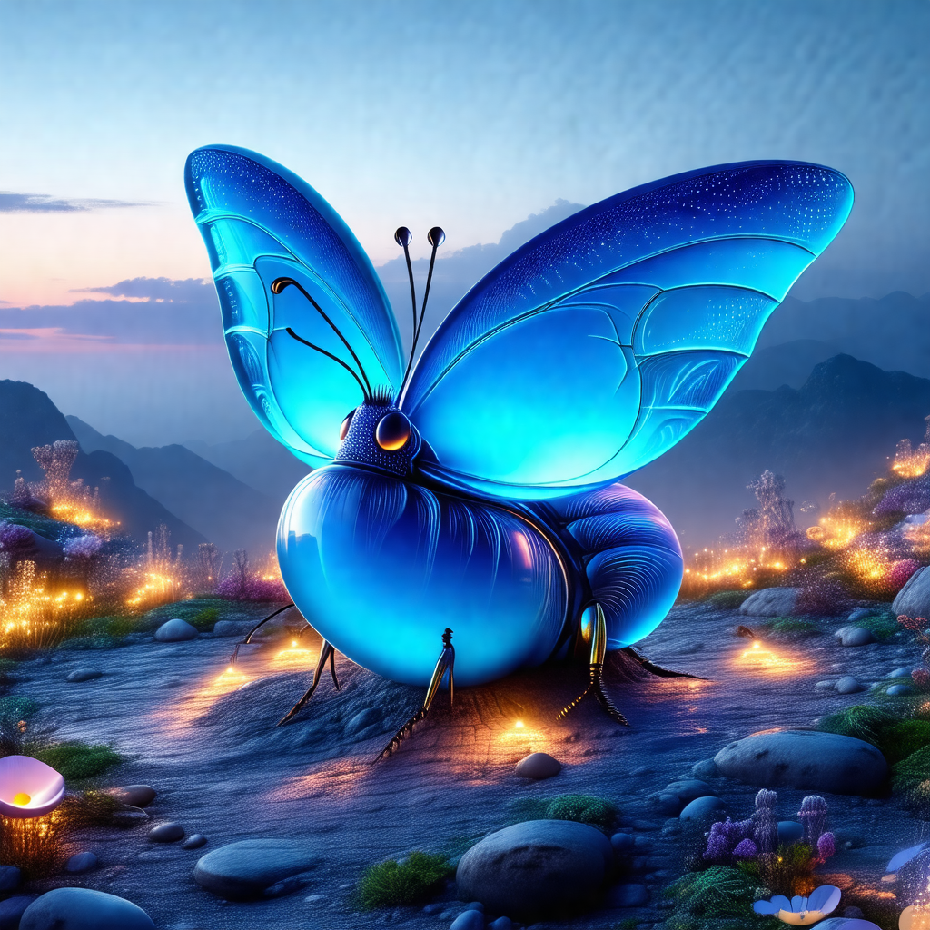 Large, blue butterfly sitting on a rocky hillside