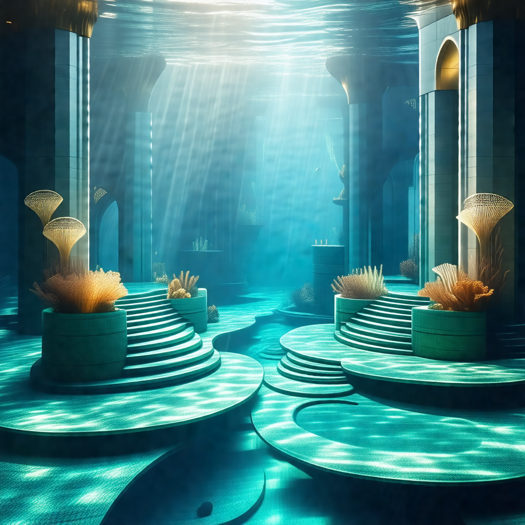 Large, underwater palace with a blue and white color scheme