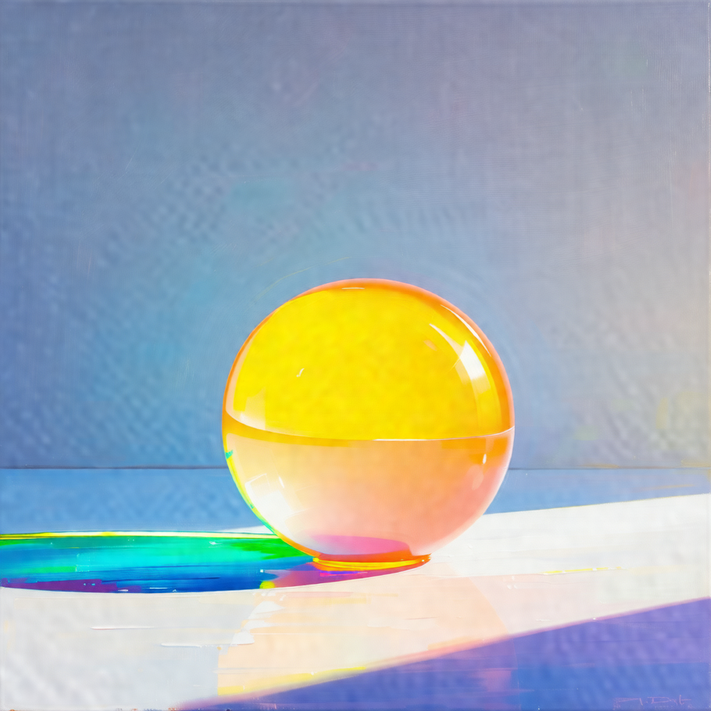 Large, colorful glass ball sitting on a white table