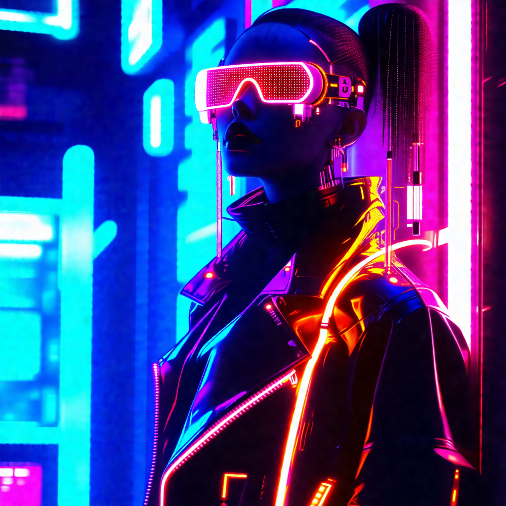 Woman wearing a black jacket and glowing pink glasses