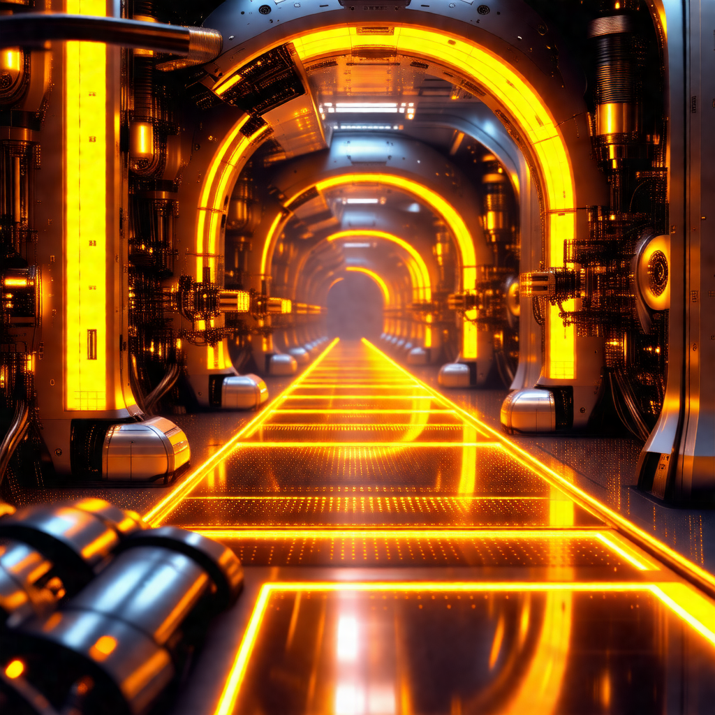 Futuristic factory with a long, narrow hallway filled wit...