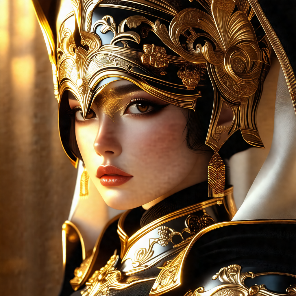 Woman wearing a gold and black costume, with a gold crown...