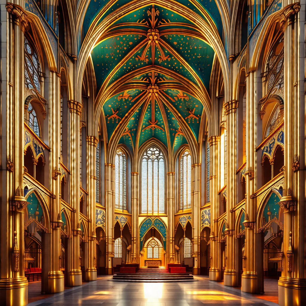 Large, ornate cathedral with a gold and blue color scheme