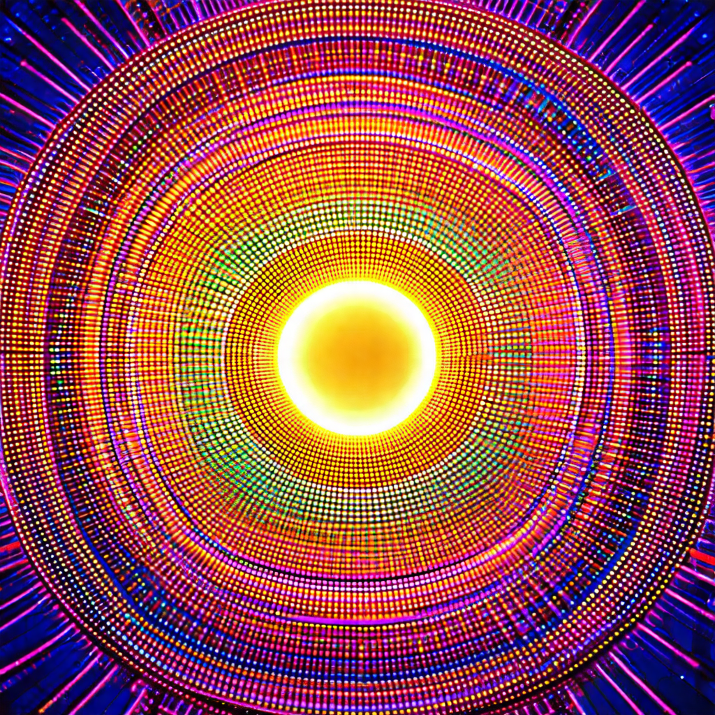 Brightly colored, colorful circle with a yellow sun in th...