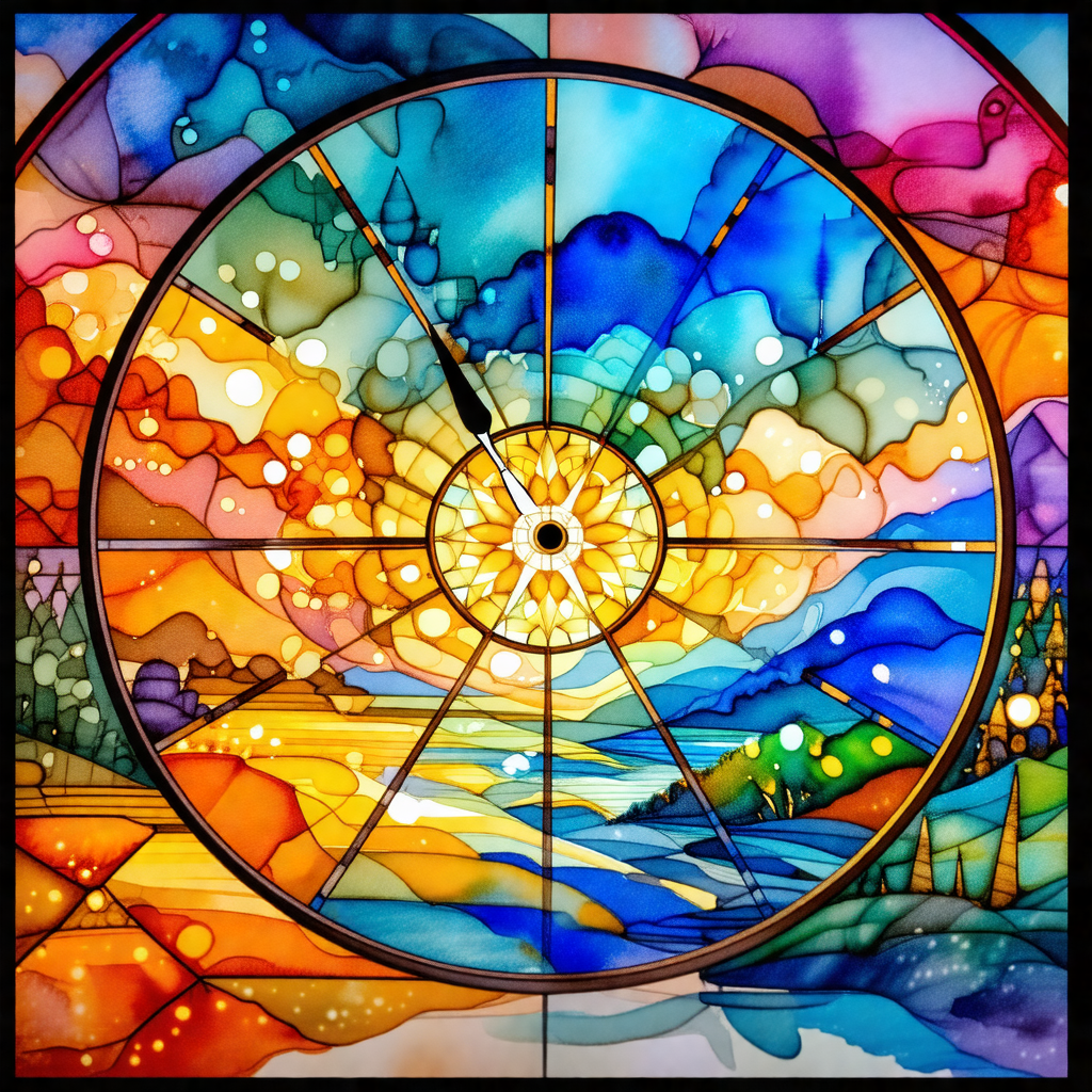 Stained glass window with a sun at the center, surrounded...