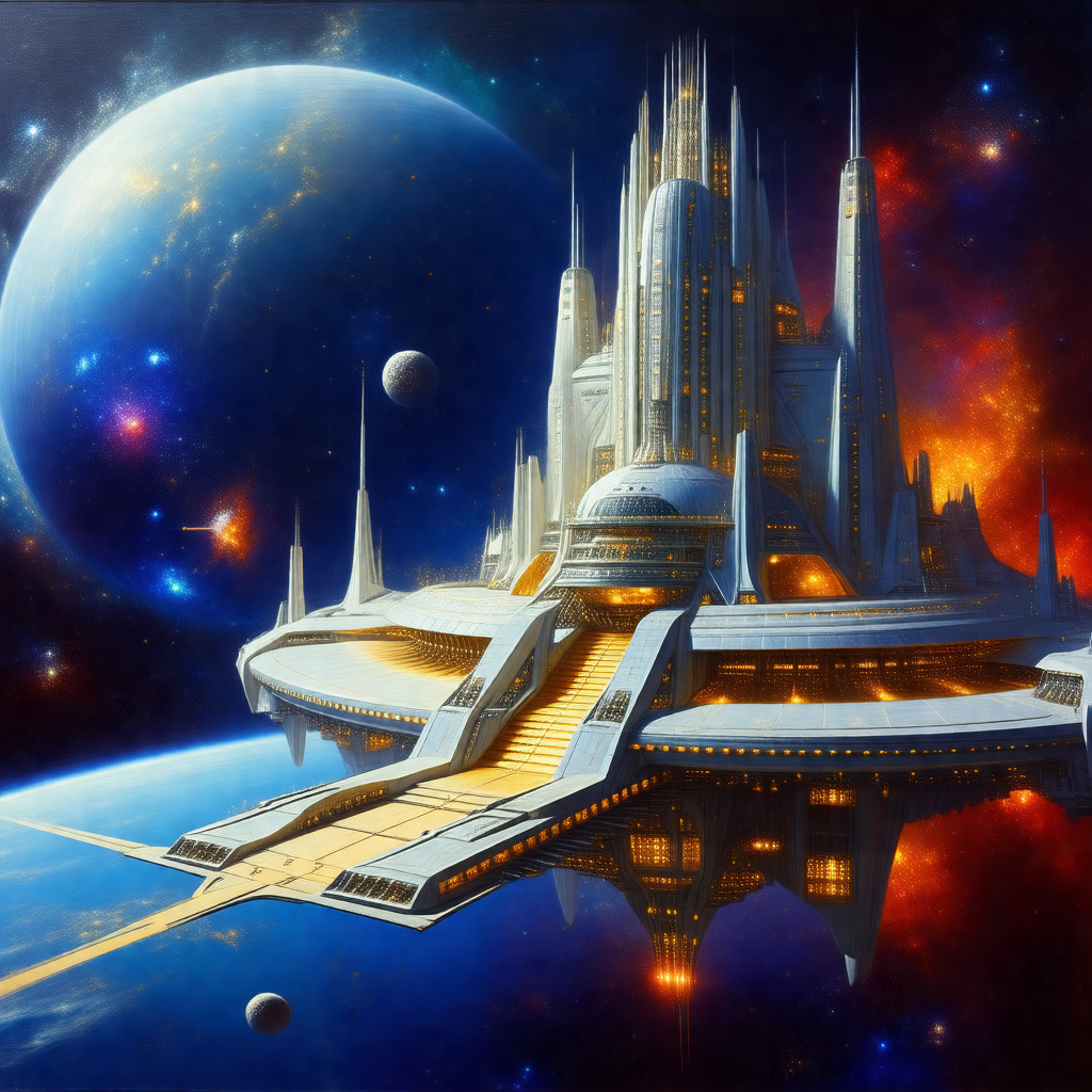 Futuristic painting of a large, white, and intricate spac...