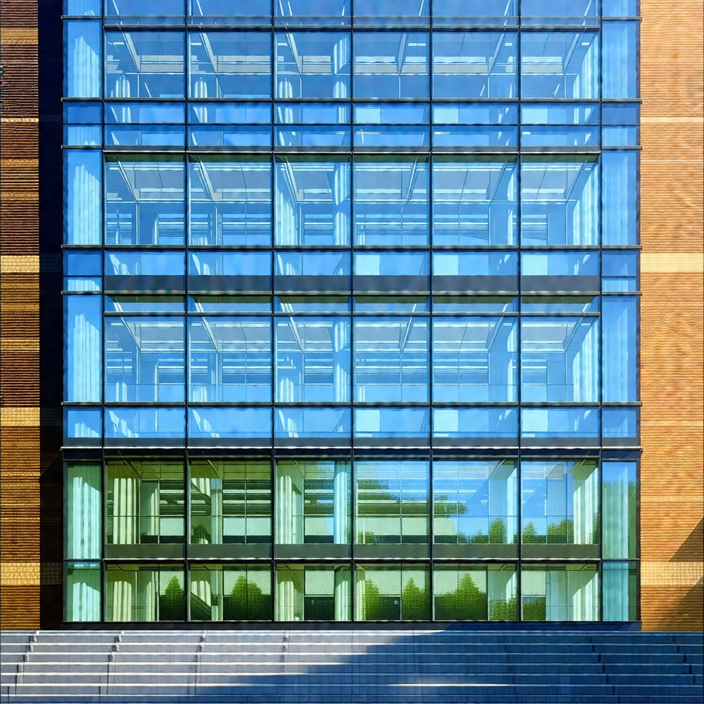 Large building with a prominent glass facade